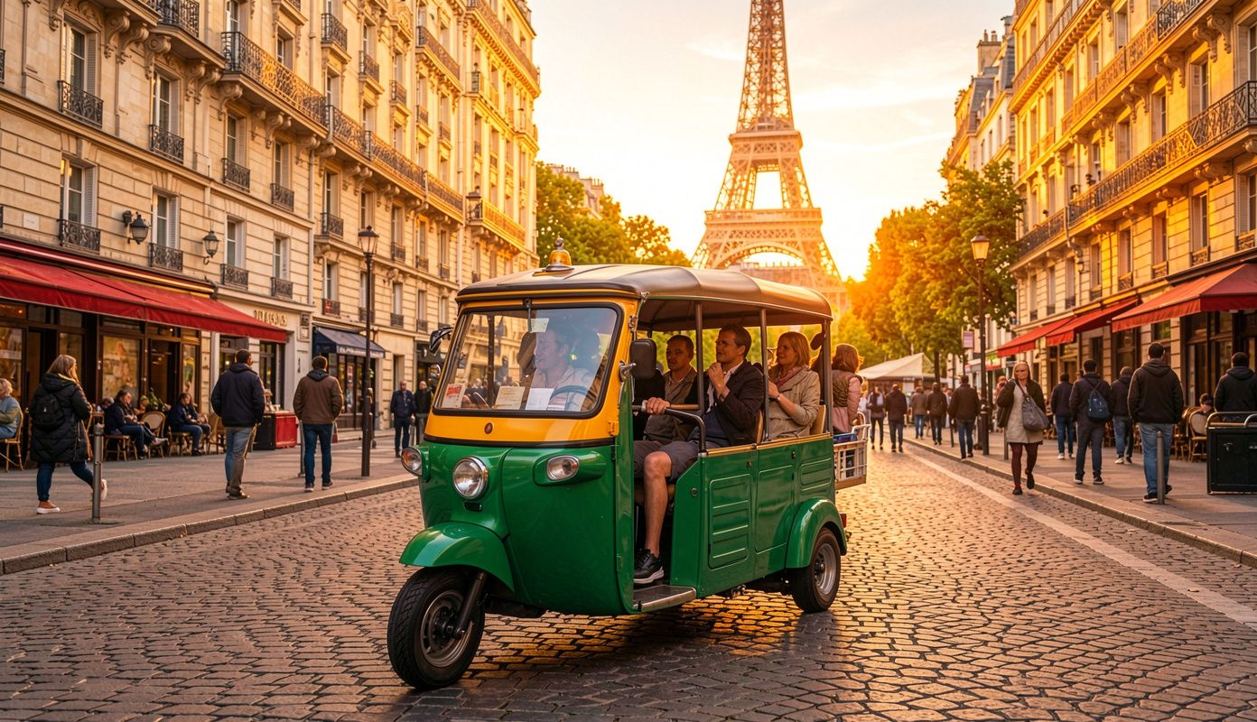 Touk-touk vélo-taxi avec touristes devant la Tour Eiffel à Paris