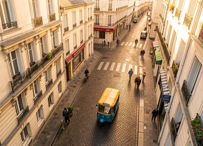Touk-touk dans une rue pavée parisienne